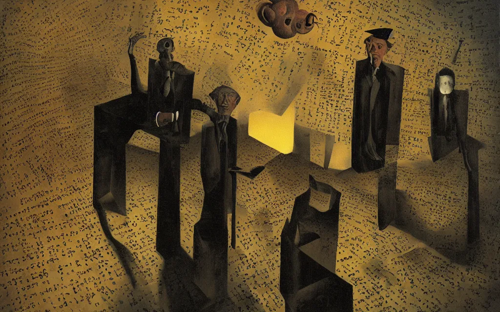 Image similar to kafkaesque bureaucracy, benjamin netanyahu, vanitas, by salvador dali and rene magritte and beksinski