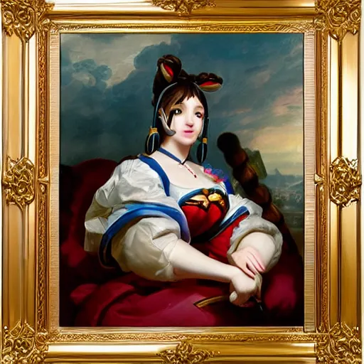 Prompt: baroque painting of D.Va (overwatch) sitting on her bed