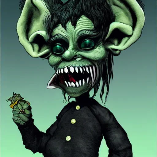 Prompt: goblin with big ears, round nose, plush lips, sharp teeth, short height, white hair, gold eyes, eco goth, fairycore, corragecore, punk, in the art style of richard corben