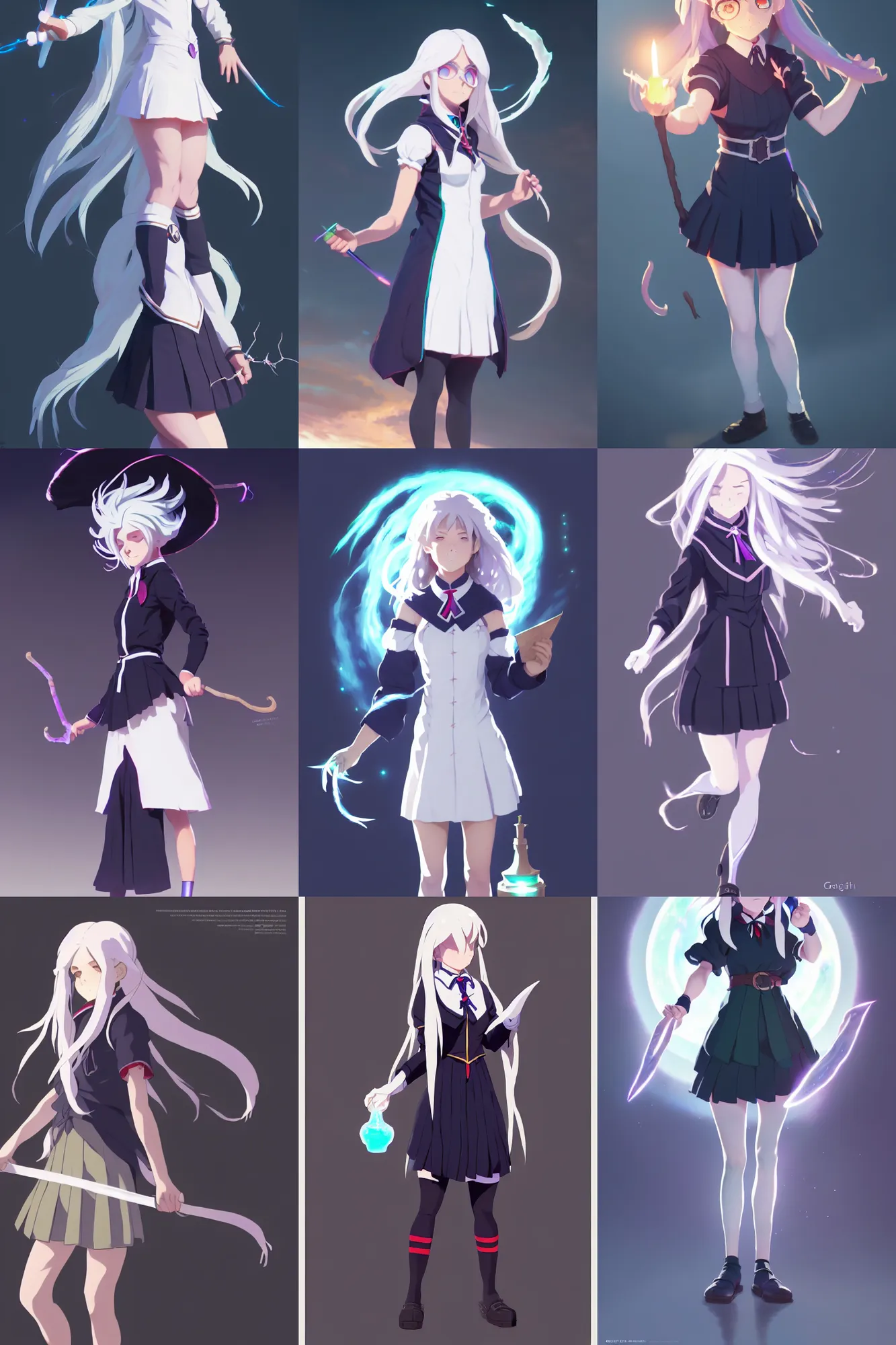 Image similar to visual novel sprite of female student witch by greg rutkowski, genshin impact, witch academia, magic school uniform, glowing white iridescent hair color, by studio ghibli, digital art, trending on artstation, hd, 8 k, highly detailed, good lighting, beautiful, masterpiece