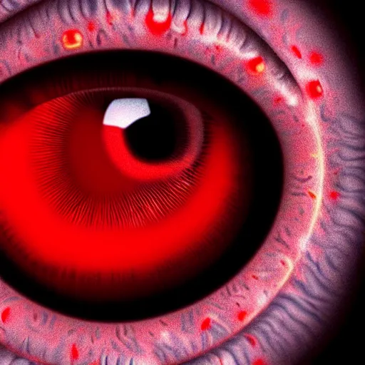 Image similar to a detailed extremely close up of inside the iris, cornea, red image, microscopic, extremely close up drawing by junji ito, cgsociety, generative art, lovecraftian, parallax, cosmic horror, extremely detailed, hyperrealism, unreal engine, octane render, award winning, masterpiece, highly detailed, realistic, 4 k, digital