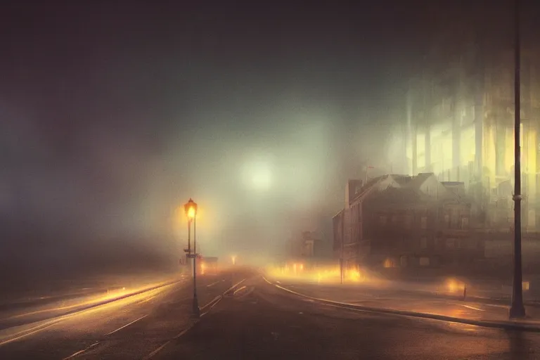 Prompt: The fog sits looking over harbor, a silent shadow haunches over the town like a cat on 3D rendering by Liam Wong, painting by Church, Frederic Edwin, and photography by Gregory Crewdson, shadown art by Ryota Kuwakubo, UHD, amazing depth, cinematic ambient light, atmospheric, trending on artstation