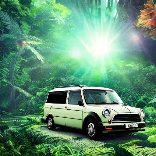 Prompt: a mini van in the middle of the jungle, hyperdetailed, ambient occlusion, pfp, lensflare, ghibli style, anime background, octane