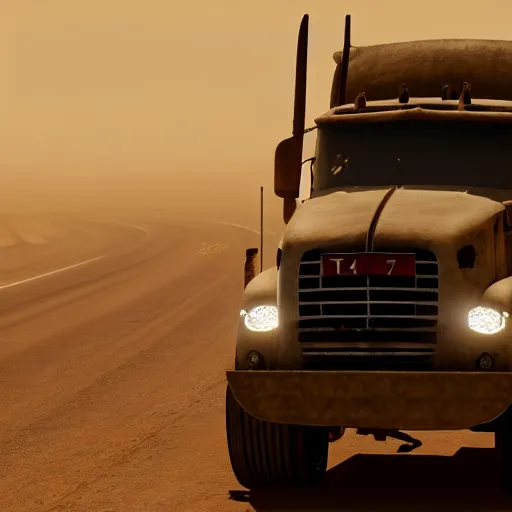 Image similar to t 6 6 0 tractor trailer truck in mad max : fury road, midday light, dust storm,