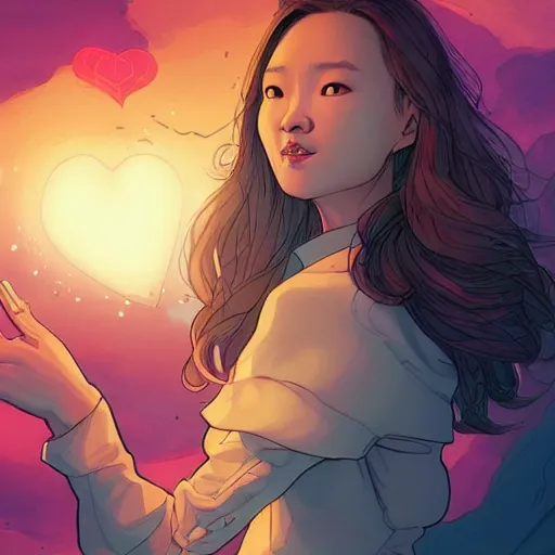 Image similar to portrait of jeon so min, falling in love, glowing with heart aura. sharp focus, cinematic pose, cinematic lighting, unreal engine render. art by josan gonzales and moebius and deathburger.