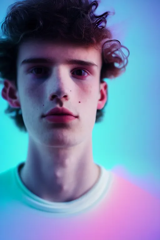 Image similar to high quality pastel coloured film mid angle selfie photograph of a beautiful young 2 0 year old male, soft features, black hair, standing in an icelandic black rock environment. atmospheric. three point light. photographic. art directed. ( pastel colours ). volumetric light. sheen. waves glitch. 8 k. filmic.