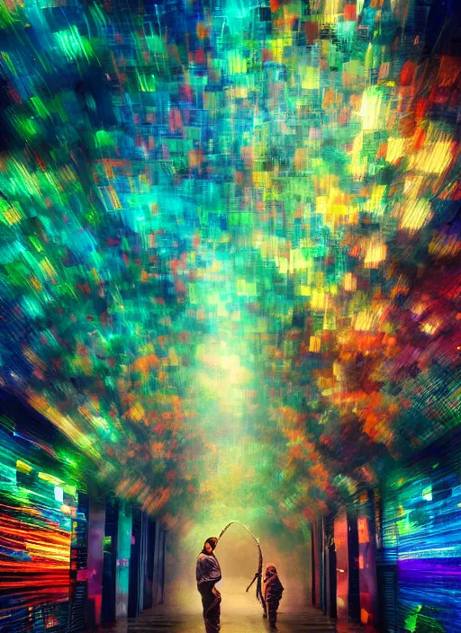 Image similar to cinematic shot epic hall of creatives, walls of large moving images, hyper realistic, mood lighting, fantasy, detailed people creating colorful diverse art, highly detailed, super realistic, perfect lighting pixel sorting, style sheet