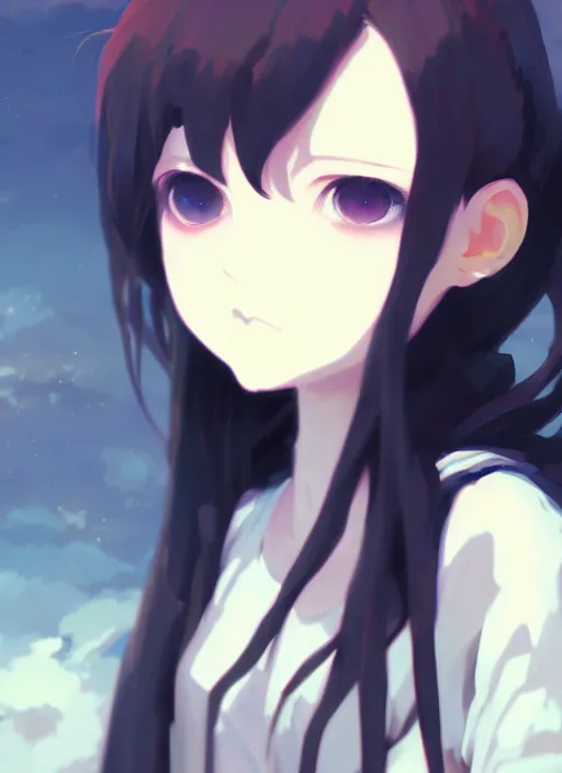 Image similar to portrait of cute goth girl, cloudy sky background lush landscape illustration concept art anime key visual trending pixiv fanbox by wlop and greg rutkowski and makoto shinkai and studio ghibli