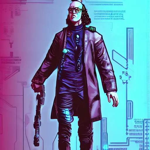 Image similar to cyberpunk benjamin franklin as the leader of a futuristic communist society, cybernetics, sharp lines, digital, artstation, colored in