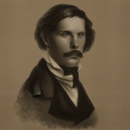 Image similar to A photograph portrait of Jerma985 with a pyramidal mustache in the early 1800s, taken in the early 1800s, 1840s, grainy, taken on a Field View Camera, realistic, hyperrealistic, very realistic, highly detailed, very detailed, extremely detailed, detailed, digital art, trending on artstation