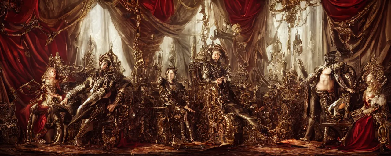 Prompt: epic, wideangle, low angle, digital painting, of a 1 7 th century, decadent, cyborg king holding court in his throne room, dark hair, piercings, amber jewels, baroque, ornate dark red opulent clothing, scifi, futuristic, realistic, hyperdetailed, concept art, art by bilal, masterpiece