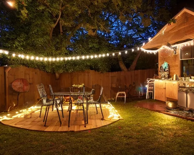 Image similar to a still photo of a backyard at night with fairy lights, house on the left side with wooden flooring, warm lighting, after party