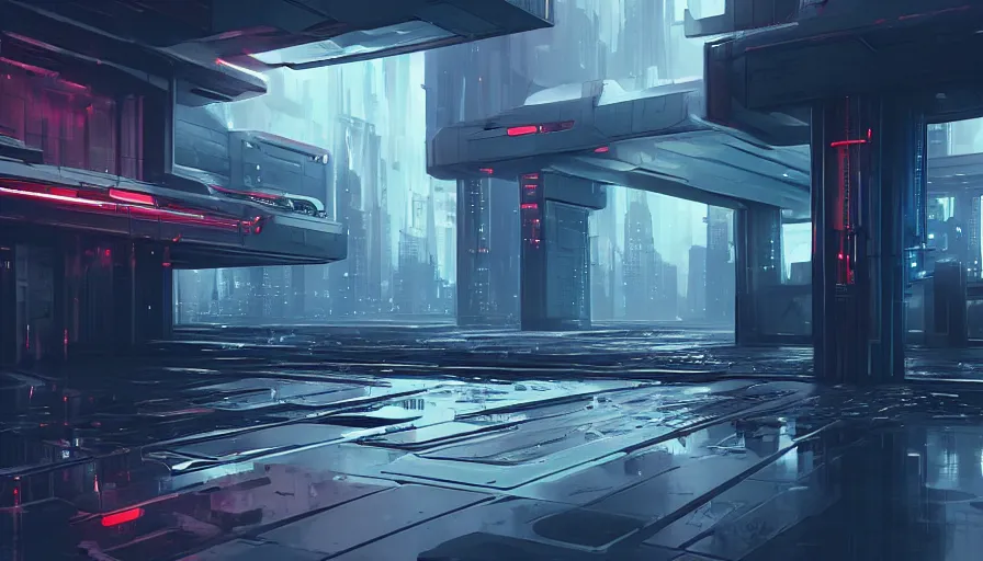 Image similar to concept art of a futuristic dark cyberpunk distopia with reflections, rendering in octane and redshift