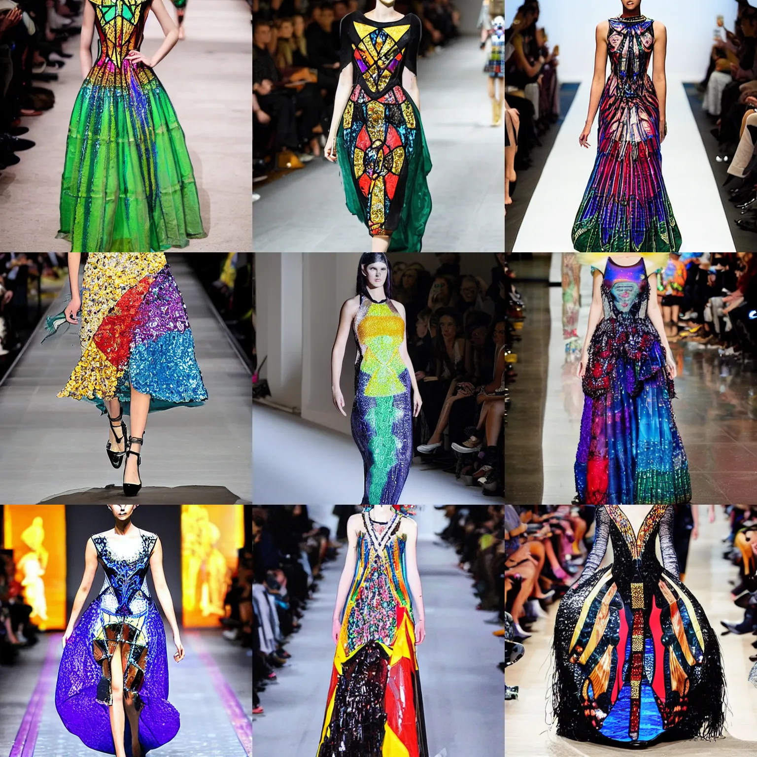Prompt: “paris fashion week model walking on the runway wearing a high fashion dress made out of stained glass”