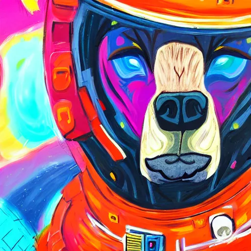 Prompt: a head and shoulder portrait of bear beast-man in space suit, painted in the colorful and expressive style of Kotwdq, trending on Artstation 8k photorealistic