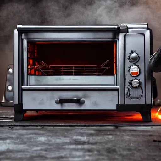 Image similar to toaster oven hangig by metallic cables, symmetry, dark messy smoke - filled cluttered workshop, dark, dramatic lighting, orange tint, sparks, cinematic, highly detailed, sci - fi, futuristic, movie still