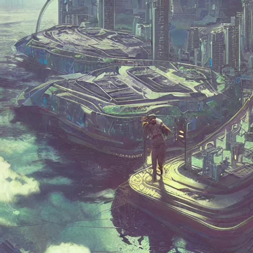 Image similar to Tidalpunk Neofuturistic island city, photo realistic illustration by greg rutkowski, thomas kindkade, alphonse mucha, loish, norman rockwell