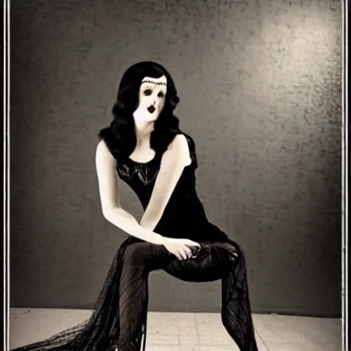 Prompt: young woman, morticia addams, long black hair, short, flapper, vintage, creepy, beautiful, macabre