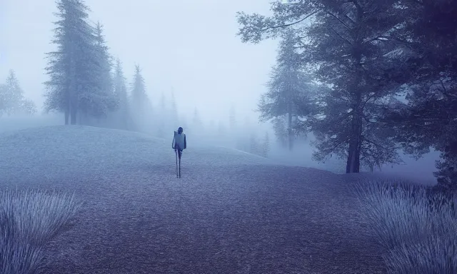 Prompt: a person holding a guide rod on a winding trail through mist. many paths can be seen on the mountain side, but none seem to connect. mist covers most of the scene | mystical and lost paths | iron rod | landscape | octane render | hd | unreal engine | intricate detail | lumious