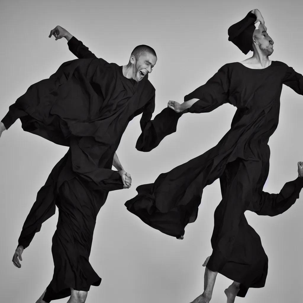 Prompt: a photo of a man dancing in a black Issey Miyake dress