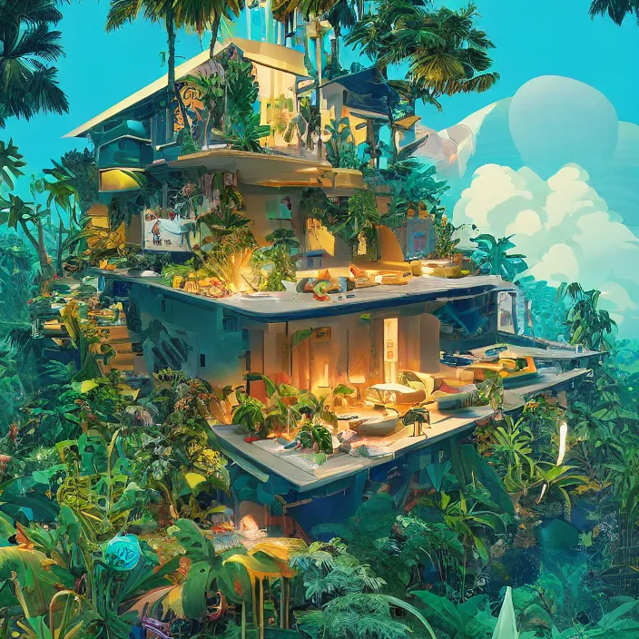 Image similar to a luminescent tropical cottage by paolo eleuteri serpieri and tomer hanuka and chesley bonestell and daniel merriam and tomokazu matsuyama, unreal engine, high resolution render, featured on artstation, octane, 8 k, highly intricate details, vivid colors, vector illustration