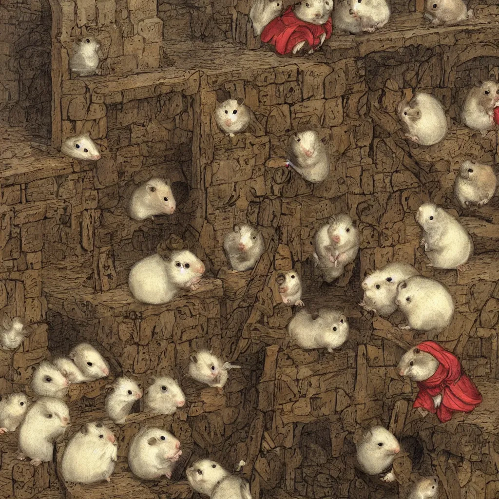 Image similar to hamster in a medieval stockade in the town square and a crowd of angry hamsters surrounding it, 1 2 th century europe theme