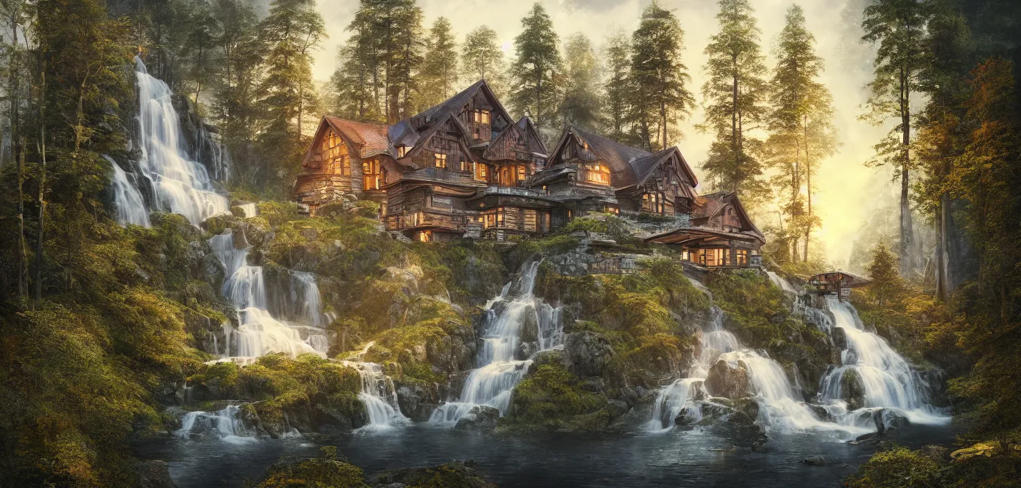 Prompt: beautiful large scandinavian house in the forest on a hill, a large waterfall flows down from the mountain in the background, vwctor art, fabulous, hyper detailed, random cinematic view, no noise, global illumination, warm lighting, volumetric, godrays, vivid, by jordan grimmer