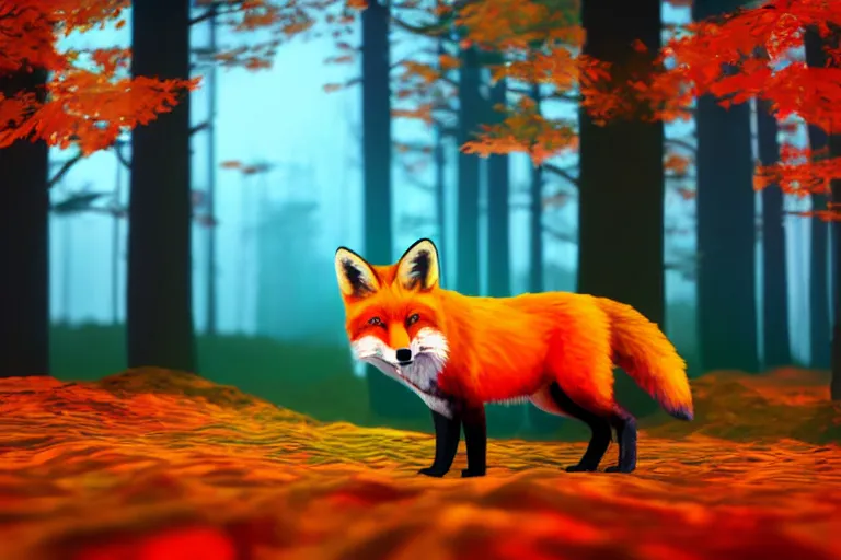 Image similar to super detailed color lowpoly art, red fox in an autumn maple forest, unreal engine, retrowave color palette, 3 d render, lowpoly, colorful, digital art, perspective