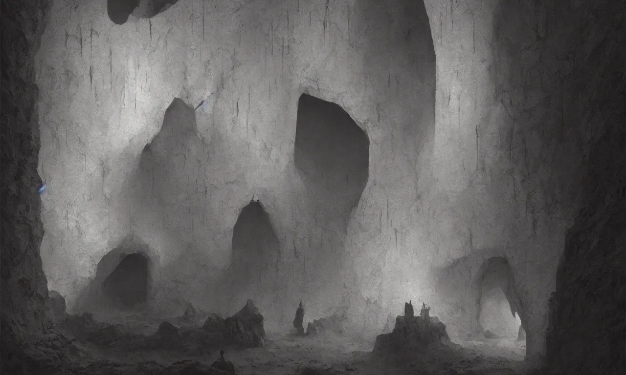 Prompt: through the cave heading to command center russia, volumetric shadows, volumetric lighting, concept art, realistic oil painting by zdzisław beksinski