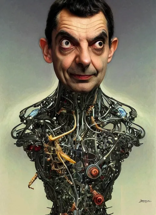 Image similar to mr bean as a organic cyborg, diffuse lighting, fantasy, intricate, elegant, highly detailed, lifelike, photorealistic, digital painting, artstation, illustration, concept art, smooth, sharp focus, art by john collier and albert aublet and krenz cushart and artem demura and alphonse mucha