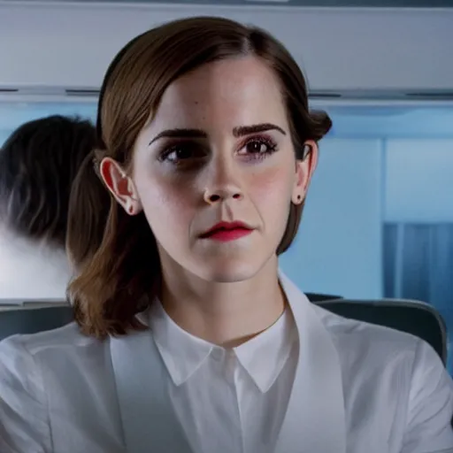 Prompt: emma watson, inside airplane, film still, low contrast,