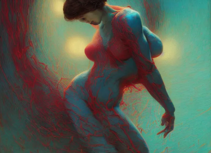 Image similar to Portrait Masterpiece, Wanda Maximoff, dynamic pose, furious, red and cyan, glowing, wires everywhere, by Edgar Maxence and Ross Tran, Zdzisław Beksiński, and Michael Whelan, distant, gustav dore, H.R. Giger, 8k, octane render