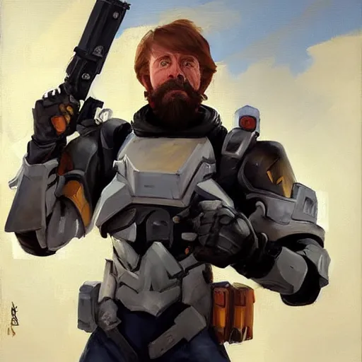 Image similar to greg manchess portrait painting of armored chuck norris as overwatch character, medium shot, asymmetrical, profile picture, organic painting, sunny day, matte painting, bold shapes, hard edges, street art, trending on artstation, by huang guangjian and gil elvgren and sachin teng