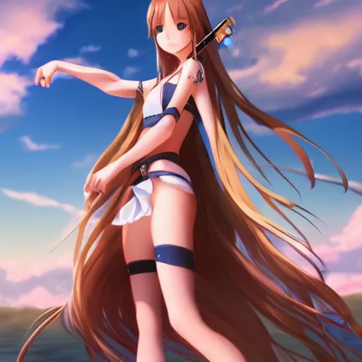Image similar to a very beautiful young yuuki asuna playing guitar, full body, long wavy blond hair, sky blue eyes, full round face,, bikini, miniskirt, front view, mid - shot, highly detailed, cinematic wallpaper by stanley artgerm lau