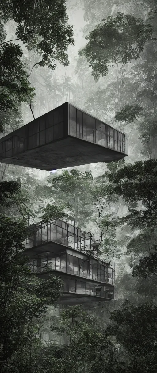 Image similar to architecture inspired by le corbusier in the rainforest. nature is taking over. upside down. metabolism. matte painting. octane render. hdr. volumetric lighting. global illumination. atmospheric. monochrome.