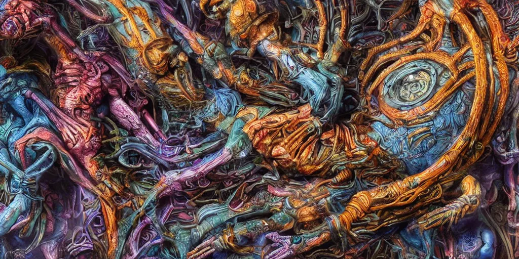 Image similar to dreamscape, giger, vivid colors, colorful, anatomical, highly detailed sculpture, intricate detailed, ommatidia, 8 k, cinematic atmosphere, post - processing