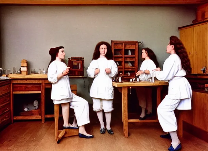 Prompt: realistic photo of a group of medieval female scientists wearing white shorts, watching at a levitating fluffy furry cloud, in a living room laboratory with many wooden gadgets made of wood interior is made of wood 1 9 9 0, life magazine reportage photo, natural colors