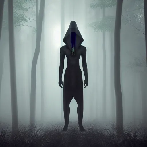 Image similar to a mystical alien pharaoh standing in a dark, gloomy forest, detailed, mythical, mist, depressing, tired, dark, lush, nature, mist, mystery, glows, somber, dismal, fog, heavy fog, dark lighting, rim light, ambient light,