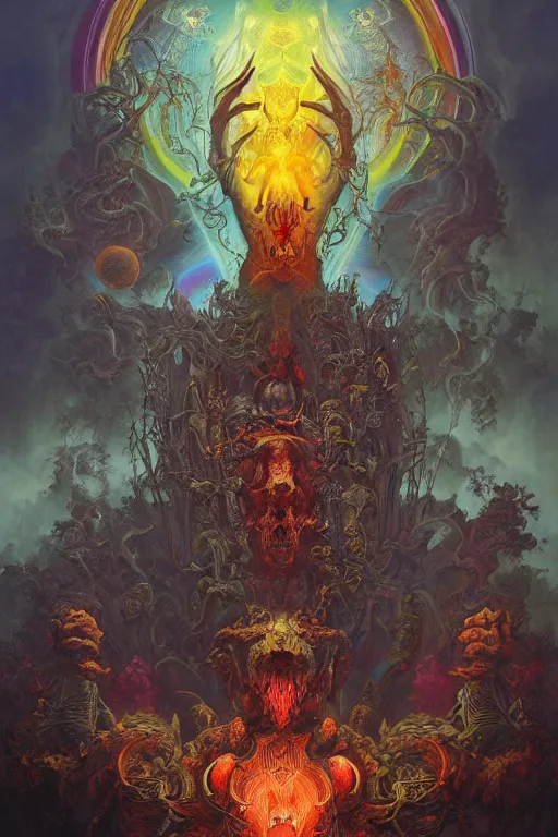 Image similar to gigantic psychedelic demonic cosmic skull lord of death and hell fire, fantasy painting, ultra realistic, wide angle, art nouveau, intricate details, rainbowshift, vivid colors, highly detailed by peter mohrbacher, h. r. giger, maxfield parrish, gustave dore, craig mullins, octane render, cgi