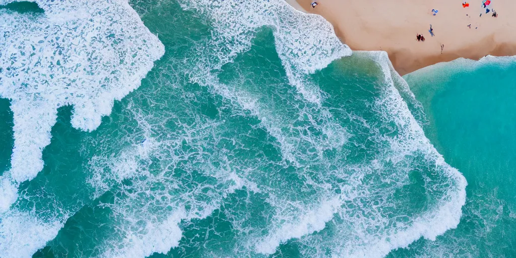 Prompt: arial shot of the beach with waves rolling in, azure blue water, white sand, slight grain
