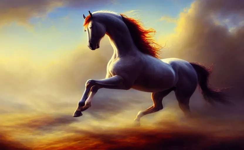 Prompt: a masterpiece oil painting of a proud horse galloping. wide angle, fantasy art, heroic lighting, very very very beautiful raytraced rendering, fog, finger of god, amazing wallpaper