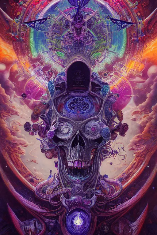 Prompt: gigantic psychedelic demonic cosmic skull of death, outer space, fantasy painting, ultra realistic, dmt, symmetrical, wide angle, intricate details, digital painting, rainbowshift, vivid colors, highly detailed by peter mohrbacher, h. r. giger, maxfield parrish, alphonse mucha, craig mullins, octane render, cgi
