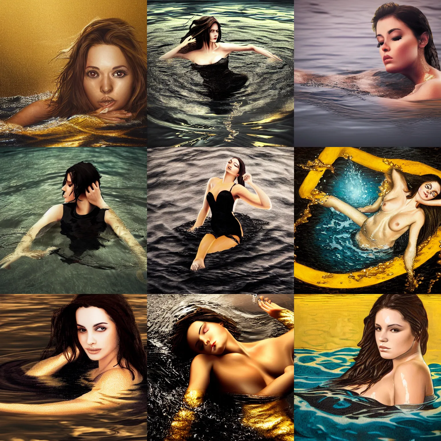 Prompt: photorealistic portrait of a beautiful brunette drowning into black waters with golden dress