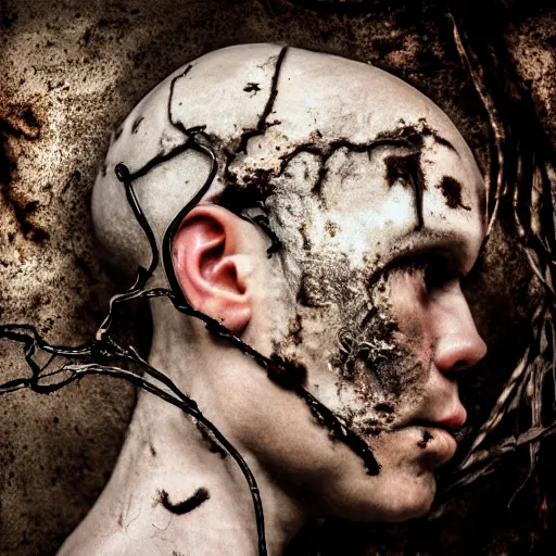 Prompt: a dark occult ritual of wires broken skulls skin and decay, moody, hyper realism, 8 k photo, atmospheric