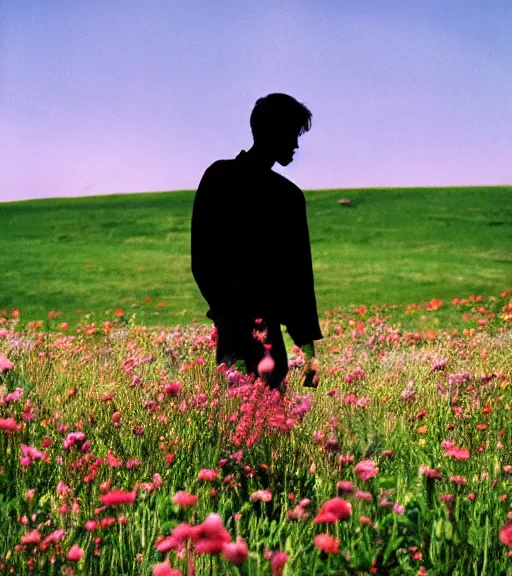 Image similar to tall shadow person standing in beautiful meadow of flowers, film photo, grainy, high detail, high resolution
