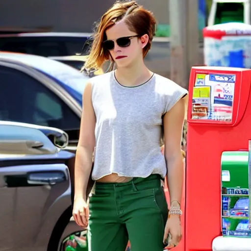 Prompt: Emma Watson wearing baggy pants at a 7-Eleven in GTA 5.