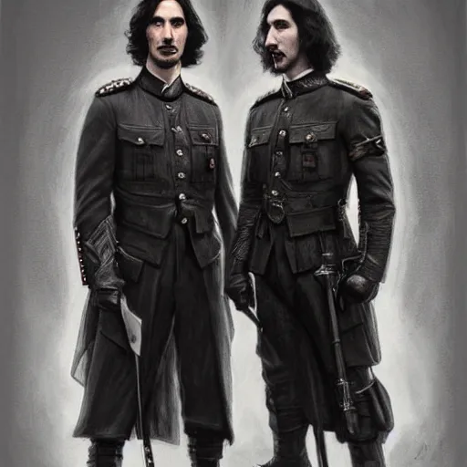 Image similar to portrait of both john oliver and adam driver standing together looking stoic, full body, military uniform, fantasy, intricate, elegant, beautiful, highly detailed, charcoal, centered, dark, smokey, digital painting, artstation, concept art, smooth, sharp focus, illustration, art by artgerm and greg rutkowski and alphonse mucha