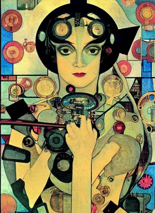 Prompt: cute punk goth fashion fractal alien martian girl wearing kimono made of circuits and leds, surreal Dada collage by Man Ray Kurt Schwitters Hannah Höch Alphonse Mucha