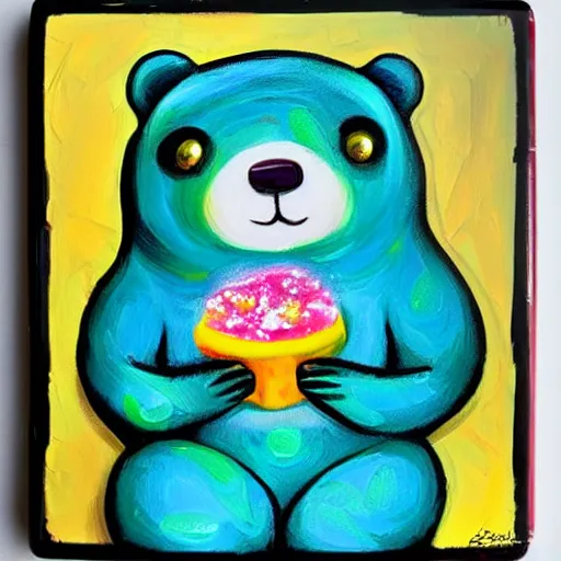 Image similar to a jeremiah ketner acrylic impasto!! illustration of an adorable and cute bear eating candy