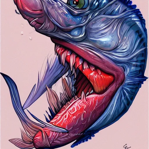 Image similar to an ugly fish eating an ugly fish, illustration, ultra detailed, in the style of artgerm, trending on artstation